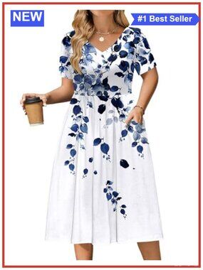 Women's Plus Size Midi Dress Short Sleeve V-Neck A-Line Loose Fit Sundress with